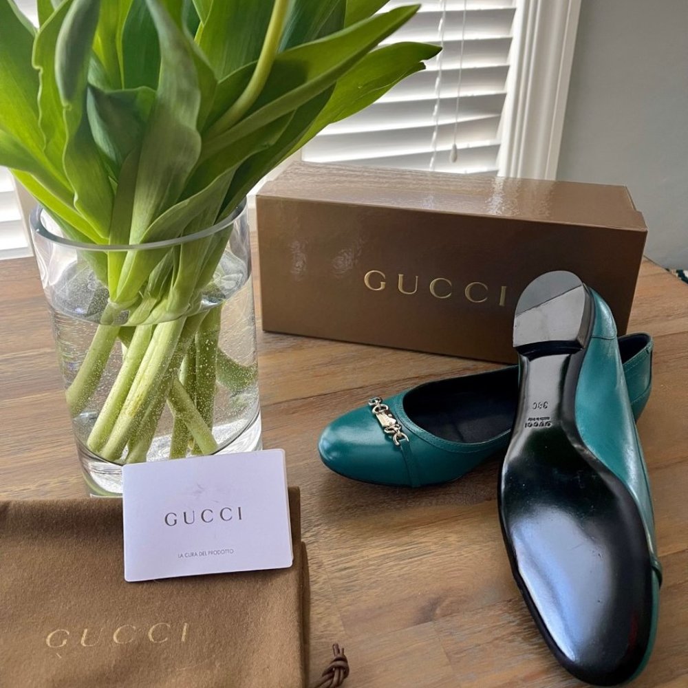 Brand New GUCCI Flats SHOES Bag Box AUTHENTIC turquoise LEATHERT Italy size 38 - Picture 4 of 6
